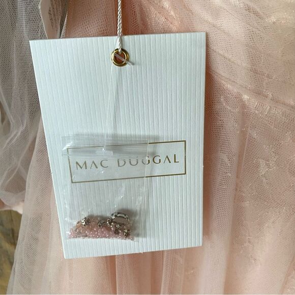 Mac Duggal blush Tulle Sheer Long Sleeve Cut Out Lace Up A Line Gown dress NWT 4 - Picture 16 of 16